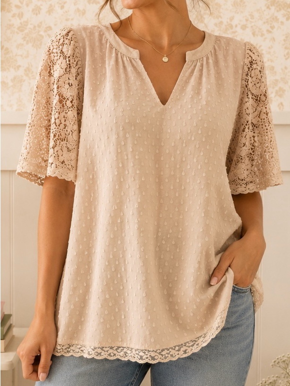 One September Blush Pink Lace Sleeve Swiss Dot Blouse XS